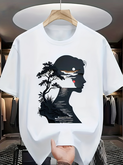 Men's Graphic T-Shirt Calm River Reflections With Sunset And Silhouette Of Woman