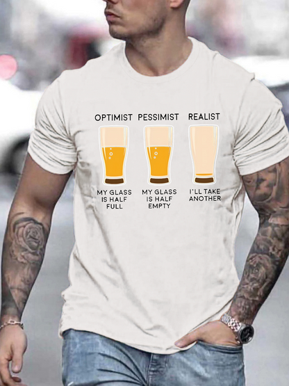 Men's Graphic T-Shirt Optimist Pessimist Realist Beer Glasses Three Styles Of Fullness Perspective