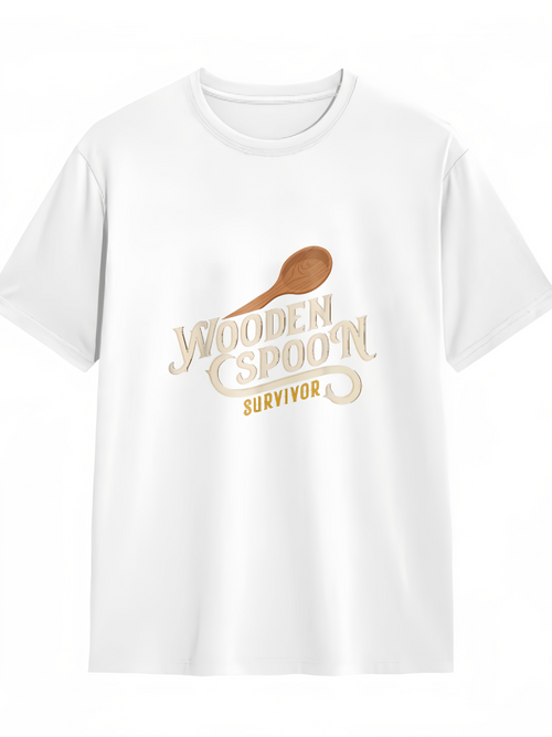 Men's Graphic T-Shirt Wooden Spoon Survivor Retro Gold Lettering With Brown Cooking Utensil Spoon