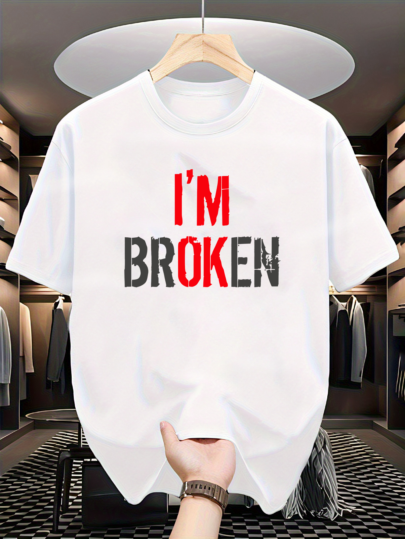 Men's Graphic T-Shirt Im Broken Distressed Grunge Lettering On A Minimal White Cotton T Shirt