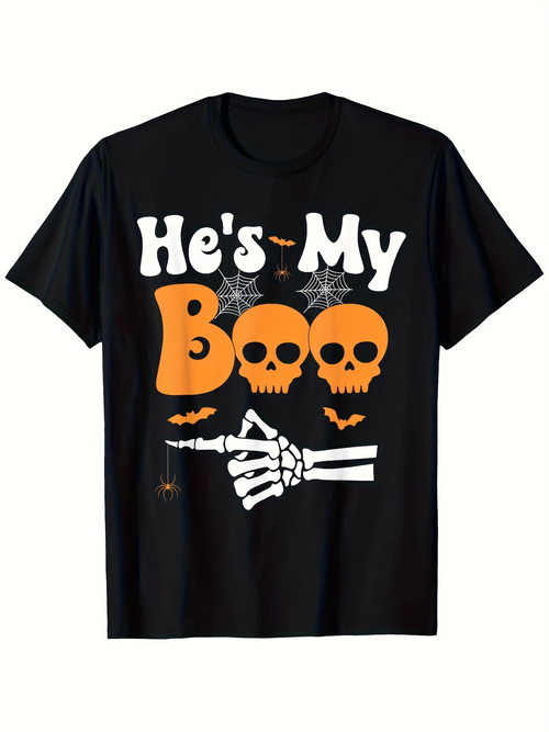 Men's Graphic T-Shirt Hes My Boo Halloween Skeleton Pointing With Orange Bats Skull