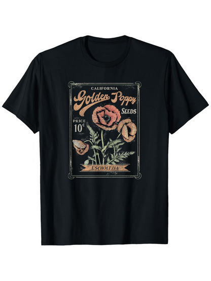 Men's Graphic T-Shirt Golden Poppy Seeds Vintage Stamp With Blossoming Orange Flowers