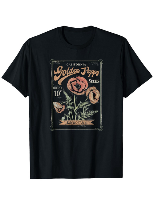 Men's Graphic T-Shirt Golden Poppy Seeds Vintage Stamp With Blossoming Orange Flowers