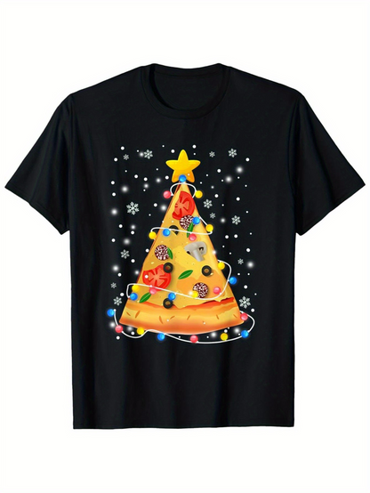 Men's Graphic T-Shirt Festive Cheese And Tomato Holiday Tree Surrounded By Colorful Lights Pizza Slice