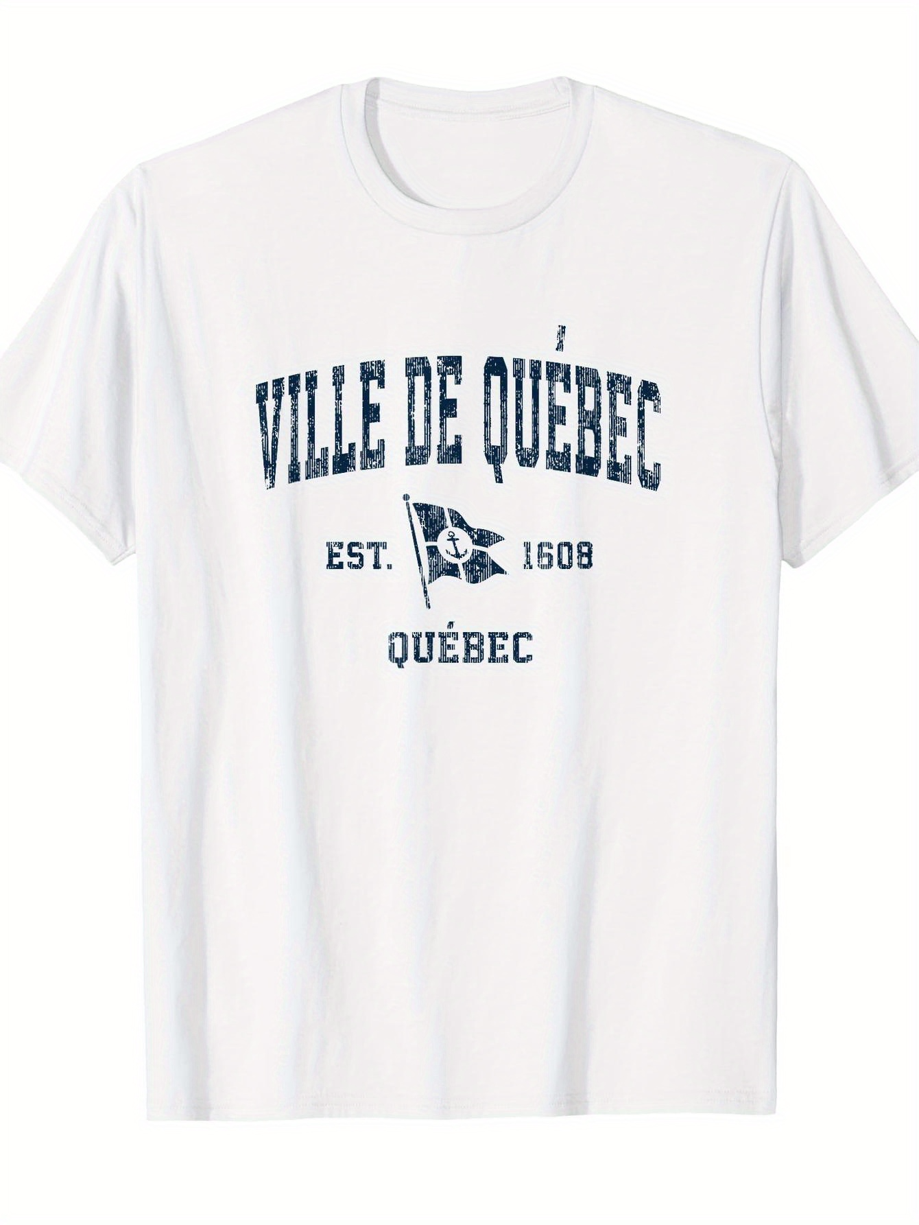 Men's Graphic T-Shirt Quebec City Established With Vintage Flag Under Blue Letters T Shirt