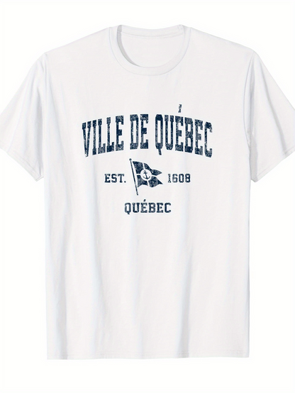 Men's Graphic T-Shirt Quebec City Established With Vintage Flag Under Blue Letters T Shirt