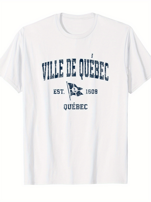 Men's Graphic T-Shirt Quebec City Established With Vintage Flag Under Blue Letters T Shirt