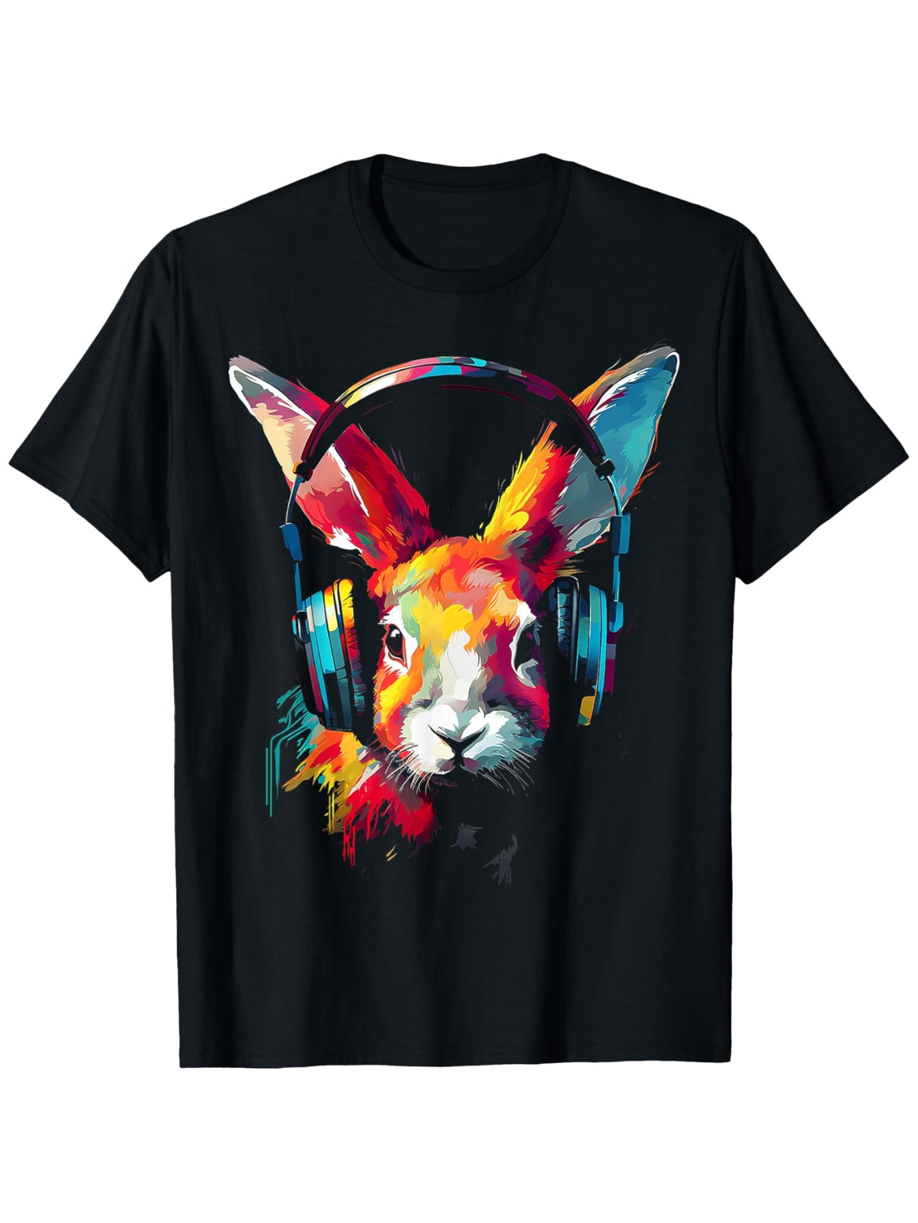 Men's Graphic T-Shirt Vivid Neon Colors With Headphones On Playful Rabbit