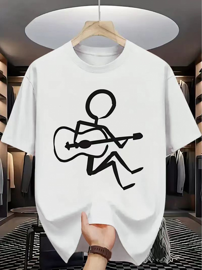 Men's Graphic T-Shirt Minimalist Line Drawing Stick Figure Playing Guitar