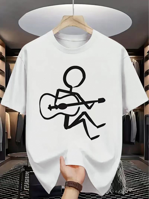 Men's Graphic T-Shirt Minimalist Line Drawing Stick Figure Playing Guitar