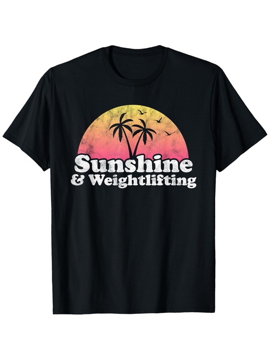 Men's Graphic T-Shirt Sunshine And Weightlifting Silhouetted Palm Trees With Vibrant Sunset Birds Flying