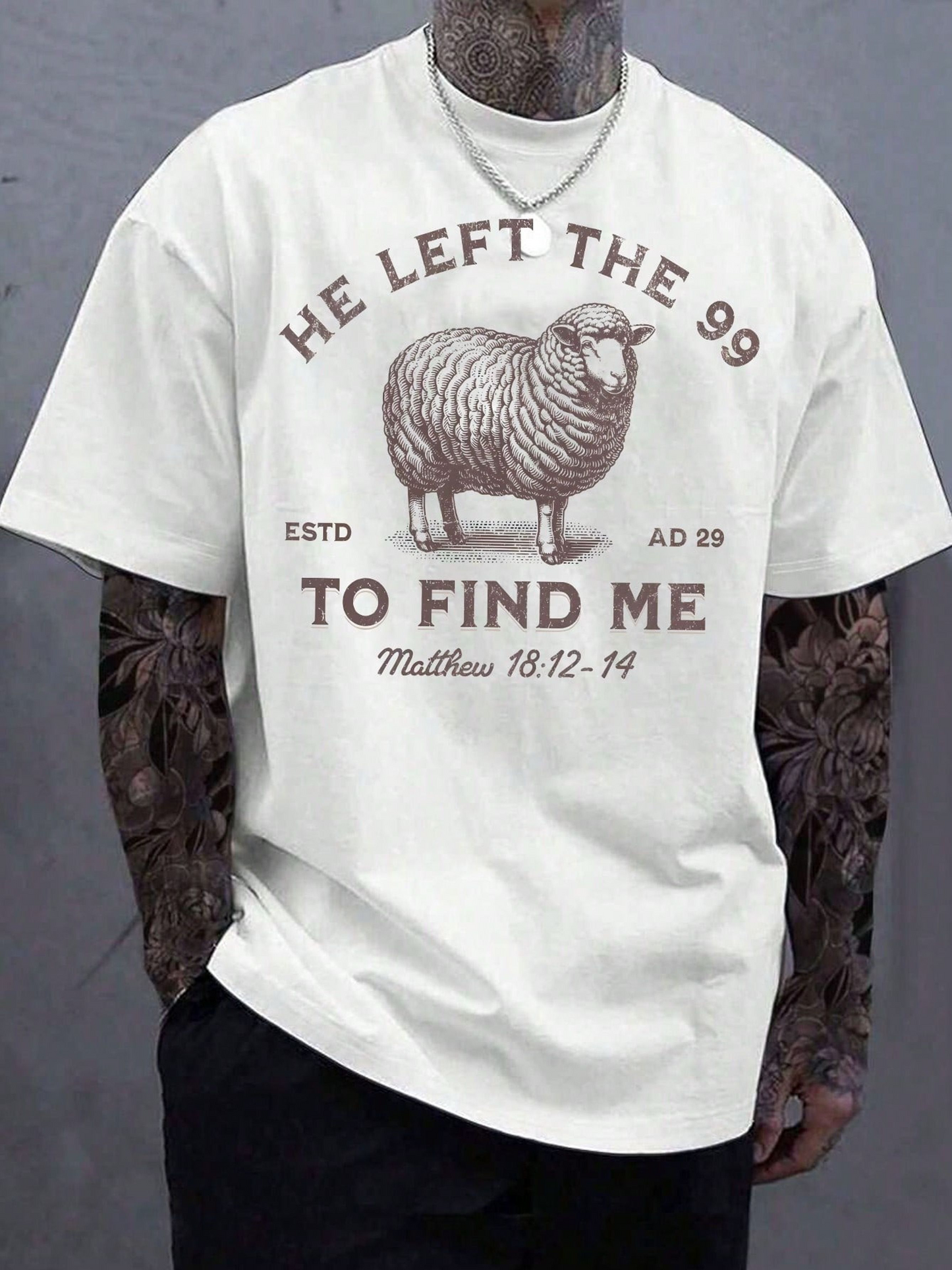 Men's Graphic T-Shirt He Left The Ninety Nine Among Gentle Pasture With Woolly Sheep