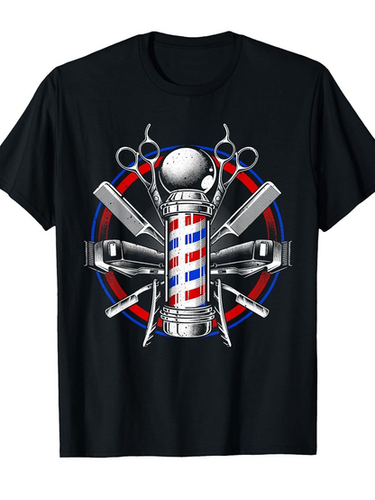Men's Graphic T-Shirt Retro Red Blue Barber Pole Among Classic Tools And Scissors