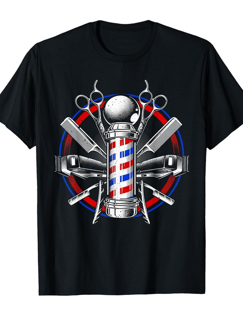 Men's Graphic T-Shirt Retro Red Blue Barber Pole Among Classic Tools And Scissors