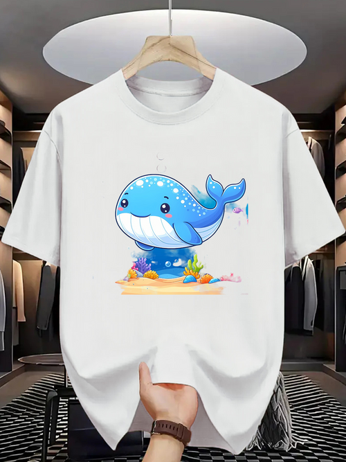Men's Graphic T-Shirt Playful Cartoon Whale Swimming Among Colorful Ocean Coral Whale