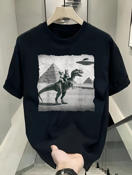 Men's Graphic T-Shirt Ancient Egyptian Pyramids Under Flying Saucer Among Roaming Dinosaurs