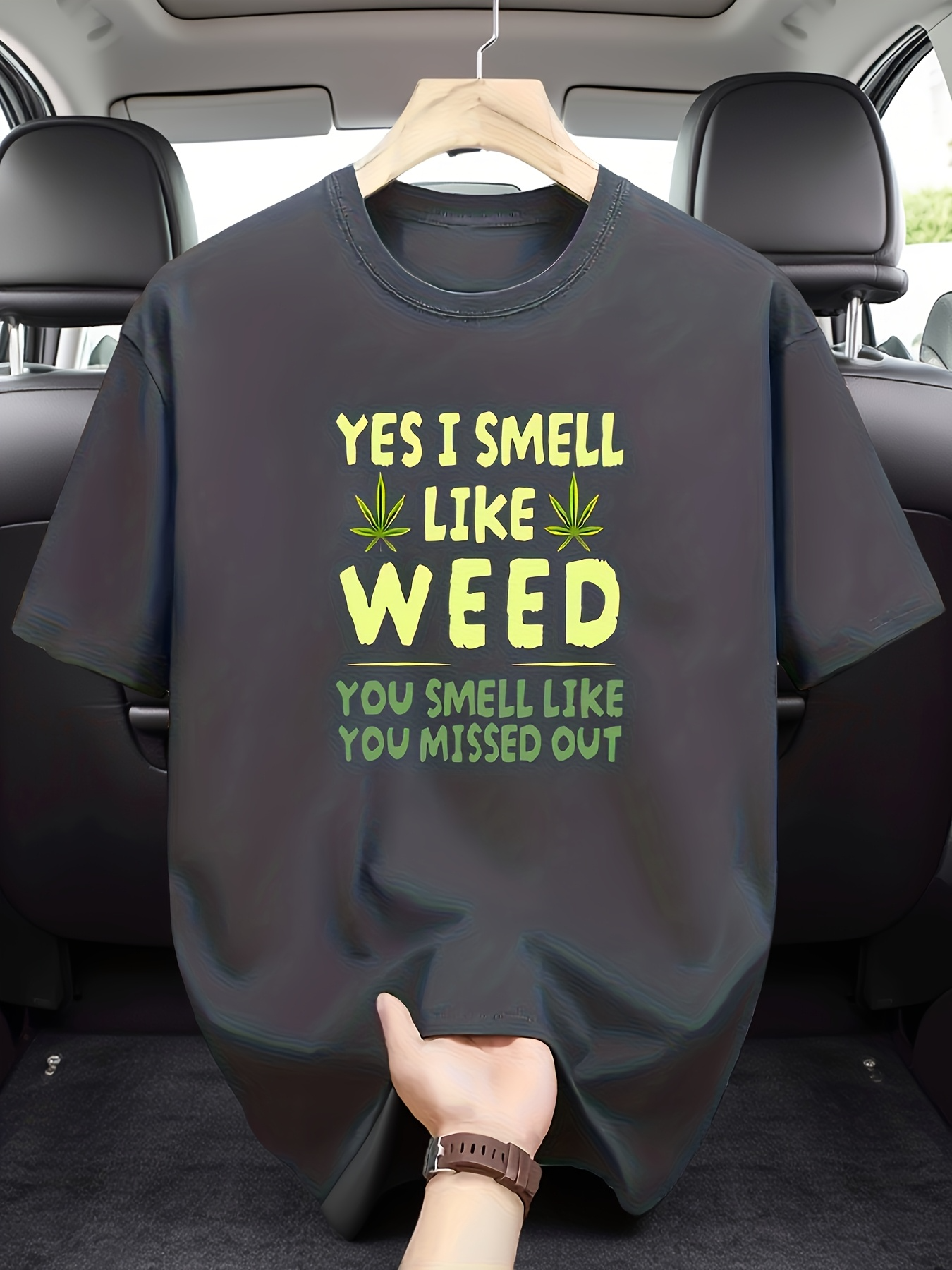 Men's Graphic T-Shirt Yes I Smell Like Weed Green Leaves With Typography Black T Shirt