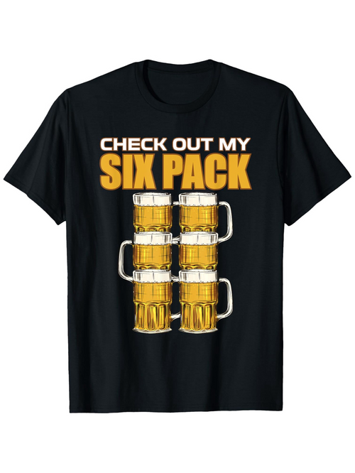 Men's Graphic T-Shirt Check Out My Six Pack With Stacked Golden Beer Mugs Filled With Foam