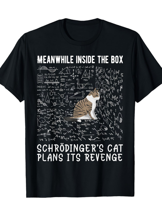 Men's Graphic T-Shirt Meanwhile Inside The Box With Physics Scribbles Surrounding A Tabby Cat
