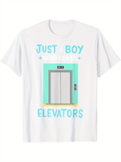 Men's Graphic T-Shirt Just Boy Who Loves Elevators With Minimalist Cartoon Style Front Door Elevator