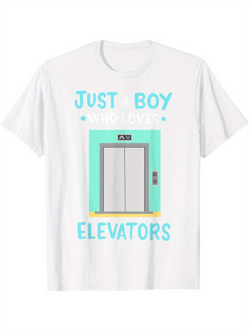 Men's Graphic T-Shirt Just Boy Who Loves Elevators With Minimalist Cartoon Style Front Door Elevator