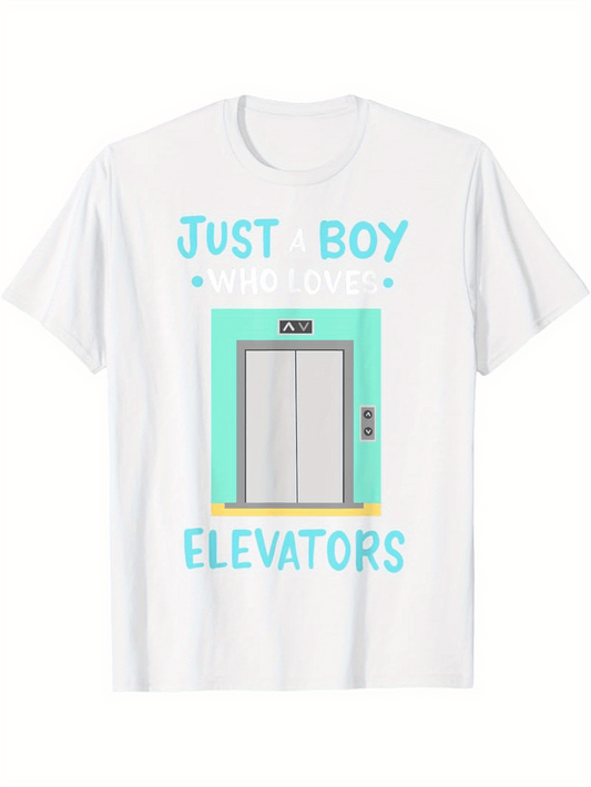 Men's Graphic T-Shirt Just Boy Who Loves Elevators With Minimalist Cartoon Style Front Door Elevator