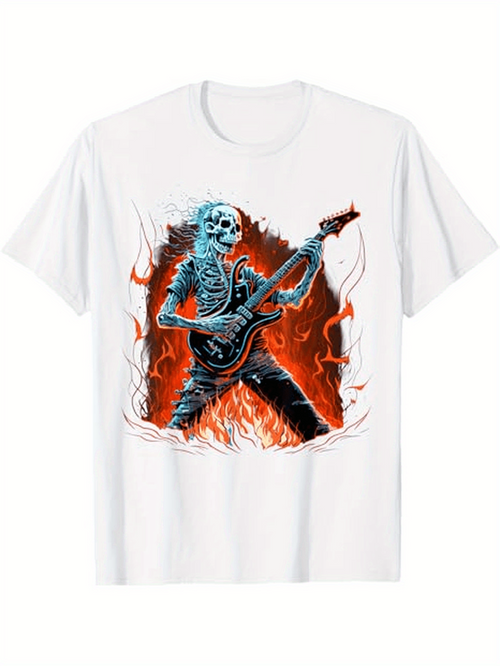 Men's Graphic T-Shirt Fiery Stage With Blue Skeleton Rock Star Guitarist Surrounded By Flames