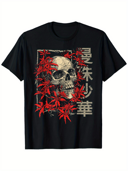 Men's Graphic T-Shirt Vivid Red Leaves Among Weathered Grunge Textured Skull