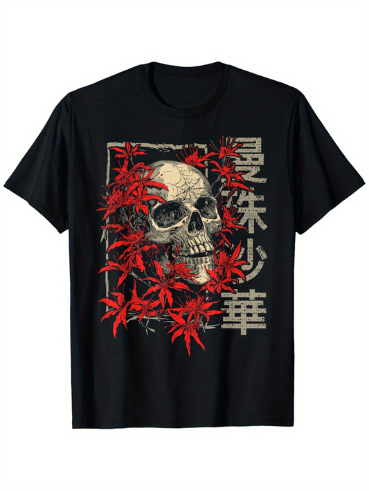 Men's Graphic T-Shirt Vivid Red Leaves Among Weathered Grunge Textured Skull