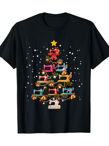 Men's Graphic T-Shirt Colorful Christmas Lights Surrounding Sewing Machines In Festive Tree Shape
