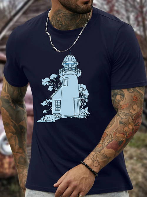 Men's Graphic T-Shirt Mountain Landscape With Trees Under Calm Blue Sky Lighthouse