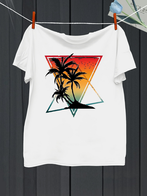 Men's Graphic T-Shirt Vibrant Sunset Gradient With Palm Silhouettes In A Tropical Summer Landscape