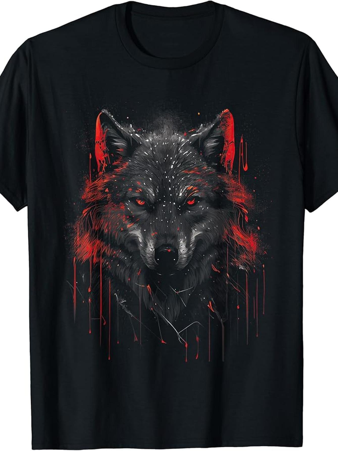 Men's Graphic T-Shirt Electric Crimson Glow Surrounding Fierce Staring Powerful Wolf