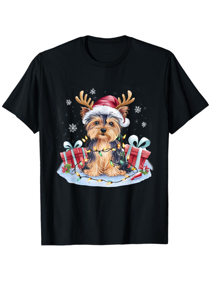 Men's Graphic T-Shirt Festive Gifts And Snowflakes With Yorkshire Terrier In Santa Hat