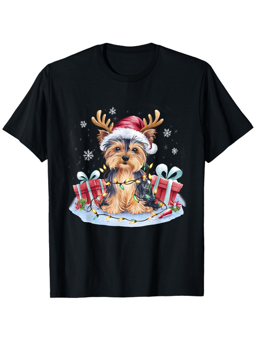 Men's Graphic T-Shirt Festive Gifts And Snowflakes With Yorkshire Terrier In Santa Hat