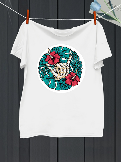 Men's Graphic T-Shirt Tropical Leaves With Red Hibiscus Flowers Framing A Skeleton Hand
