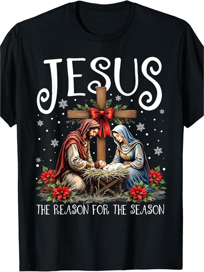 Men's Graphic T-Shirt Jesus The Reason For The Season Holy Night With Cross Nativity Family Scene