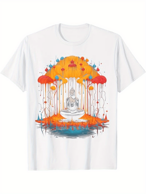 Men's Graphic T-Shirt Radiant Lotus Flowers Floating With Peaceful Meditating Buddha Figure