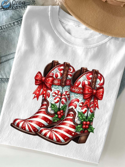 Men's Graphic T-Shirt Red Candy Stripe Ribbons And Holly Christmas Cowboy Boots