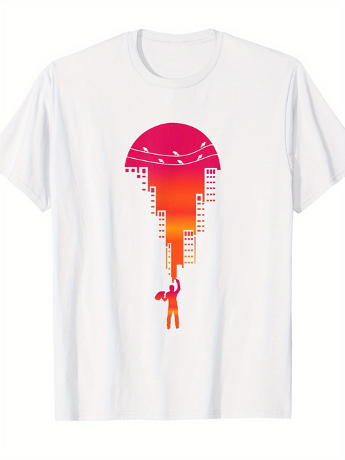 Men's Graphic T-Shirt Vivid City Silhouette With Dramatic Sunset Behind Tall Buildings