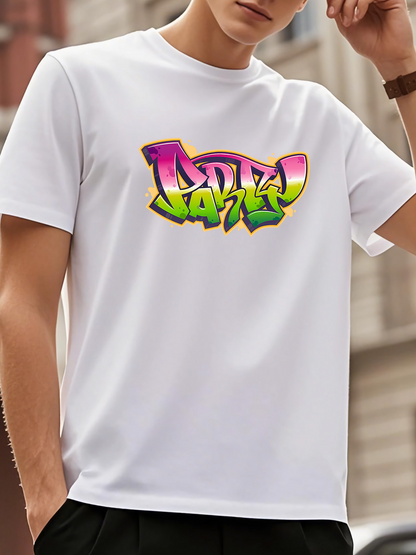 Men's Graphic T-Shirt Colorful Graffiti Inspired Text With Neon Letters On White T Shirt