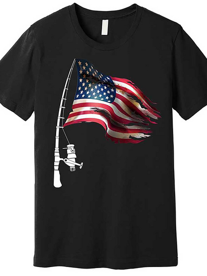 Men's Graphic T-Shirt Waving American Flag With Fishing Rod And Gentle Breeze