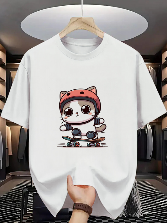 Men's Graphic T-Shirt Adorable Cat Wearing Red Helmet Riding A Skateboard