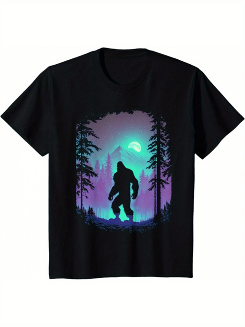Men's Graphic T-Shirt Colorful Forest Silhouette With Moonlight Behind Standing Bigfoot Creature