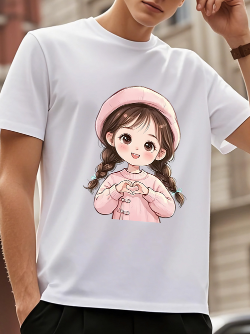 Men's Graphic T-Shirt Charming Illustration Of Smiling Girl In Pink Outfit With Beret