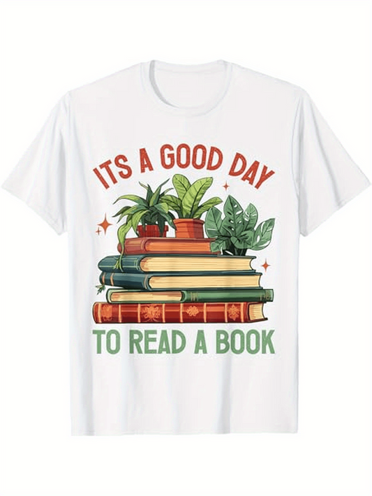 Men's Graphic T-Shirt Its A Good Day With Green Plants On Stacked Vintage Books