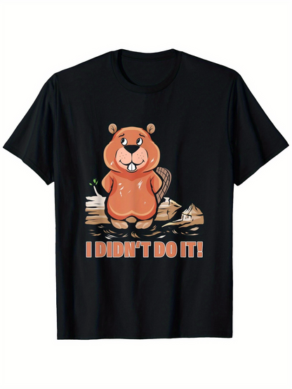 Men's Graphic T-Shirt I Didnt Do It Adorable Brown Beaver Standing Among Broken Tree Trunks Cartoon