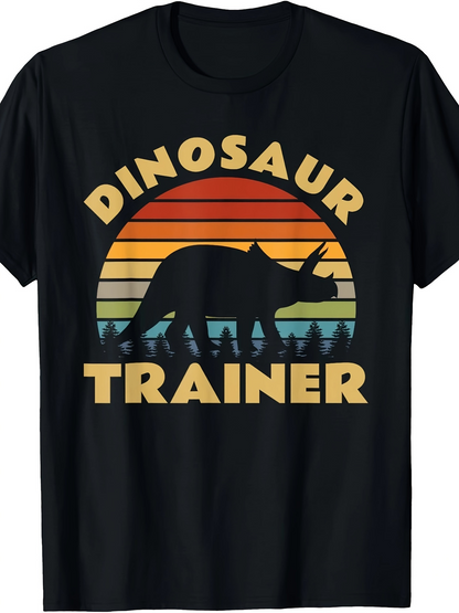 Men's Graphic T-Shirt Dinosaur Trainer Retro Sunset Silhouette With Forest And Vintage Stripes Dinosaur
