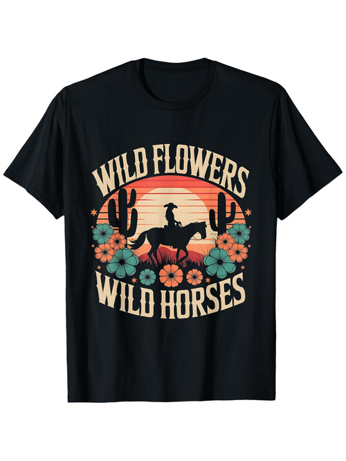 Men's Graphic T-Shirt Wild Flowers At Sunset With Cacti Blooming Around Majestic Horse Rider