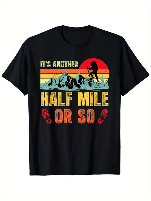 Men's Graphic T-Shirt Its Another Half Mile Or So Retro Sunset Mountains With Hiker Silhouette And Footprints T Shirt